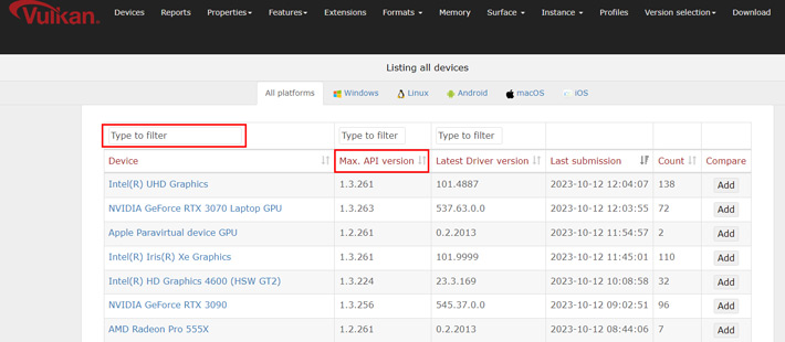 サポートしているVulkan APIをチェック